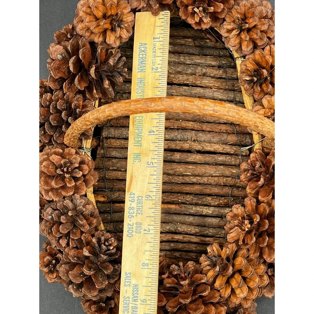 Handmade Pinecone Basket Rustic Woodland Twig Base Natural Wood Handle 14x10 in